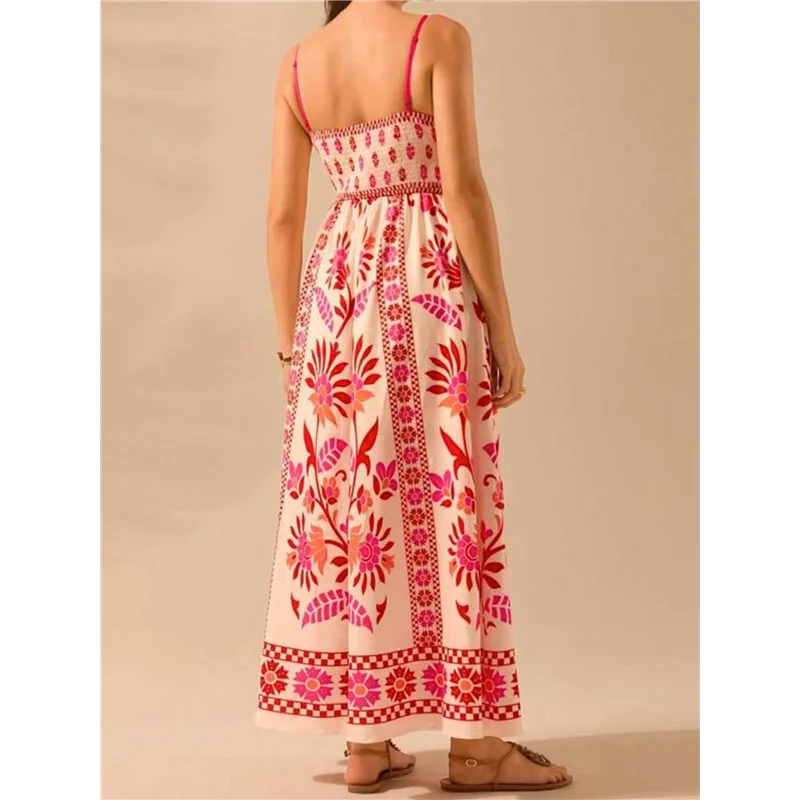 ABP-Vestito lungo floreale estivo da donna 2025, senza maniche, con cinturino per spaghetti, abito lungo da spiaggia Boho smock stampato