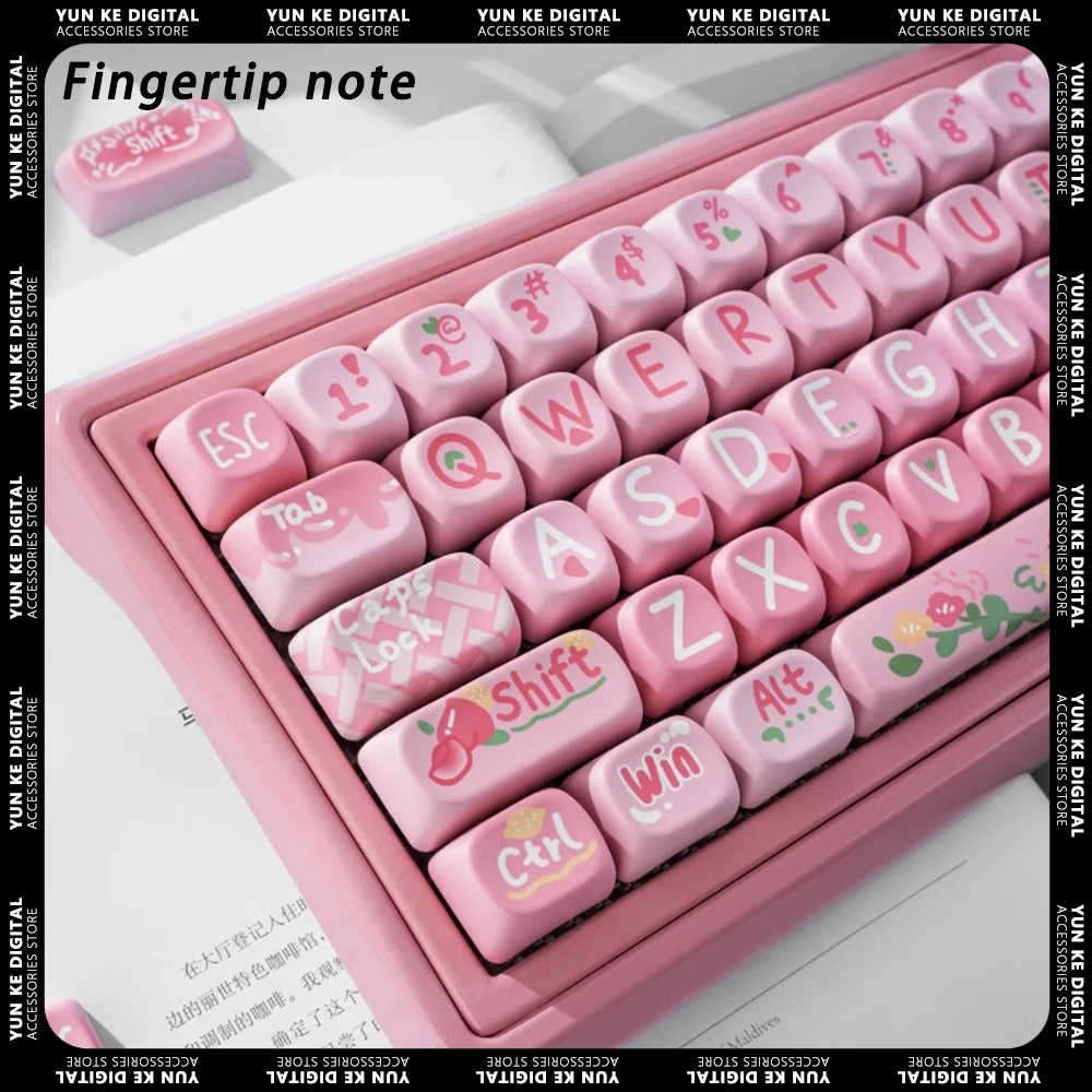 

Fingertip note Pink Peach Keycaps 130 Keys Mechanical Keyboard Keycap Set FBT Sublimation Kawaii Original Gamer Accessorie Gifts