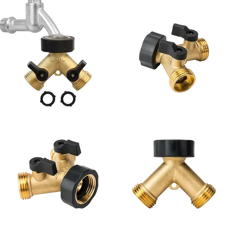 High Efficiency Garden Hose Splitter 2 Way Heavy Brass Connector Tap Splitter Y Splitter 2 Valves With2 Rubber Washers
