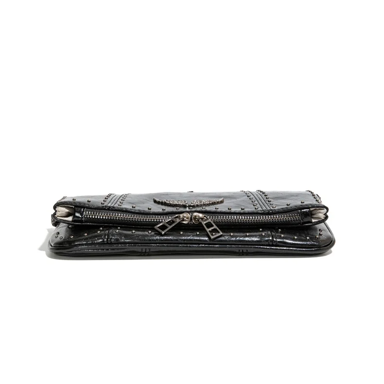 Bolso Bandolera Tipo Sobre Pequeño para Mujer 2026, Bolso de Hombro Casual de Cuero Encerado Negro Suave con Cadena de Remaches Plateados