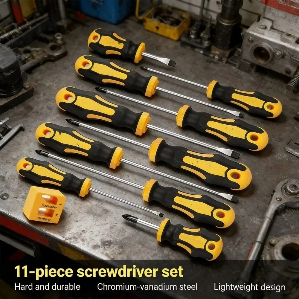 12-Piece Magnetic Screwdriver Set Magnetic Tips Yellow Manual Repair Tool Kit Cushion Handle Handy Bucket for 11/12pcs/bucket