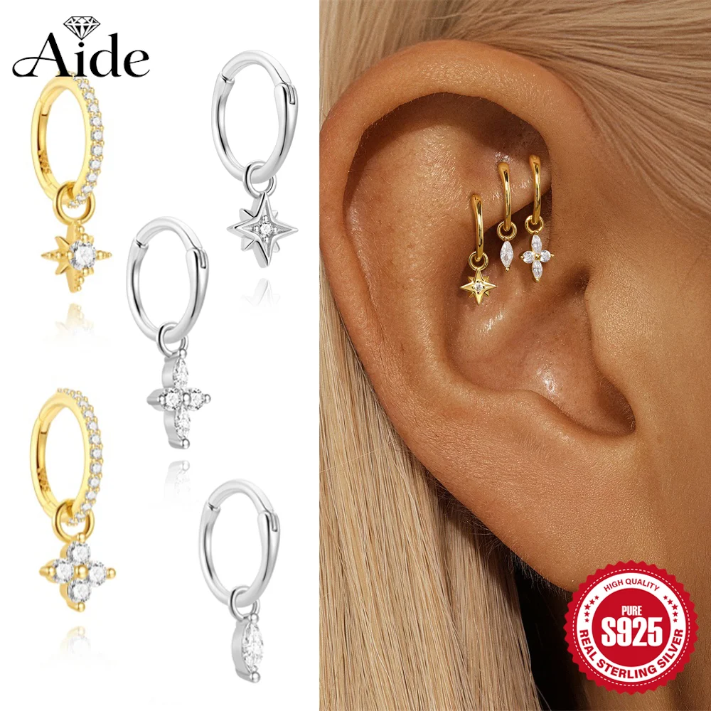 AIDE 925 Sterling Silver Four-leaf Clover Eight-pointed Star  Pendant Piercing for Women Cartilage Piercing Ear Bone Hoop
