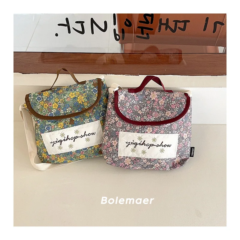 2024 Korea Floral Kids Bag WithBig Label Embroidered Floral Letter Kids Bag for Girls School Bags Girls Shoulder Bag