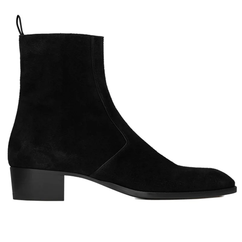 Black Cow Suede Men Chelsea Boots Real Leather High Top Pointed Toe Mid-heel Shoes For Man Business Zip Men Ankle Boots Autumn