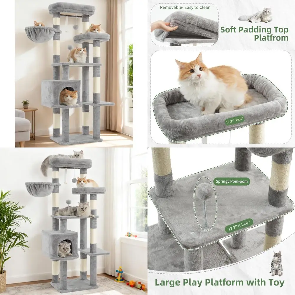 

Кошачье дерево высотой 55,1 высота с 7 сизалевыми стойками, многоуровневыми игровыми платформами, пушистым шариком, кошачьей пещерицей, 2 мягкими жердочками, корзиной - легкой