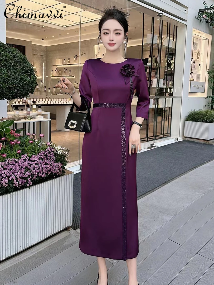 French Style Women's Heavy Sequin Banquet Dress 2024 Spring and Autumn Round Neck Long Sleeve Slim-fit Elegant Party Dresses