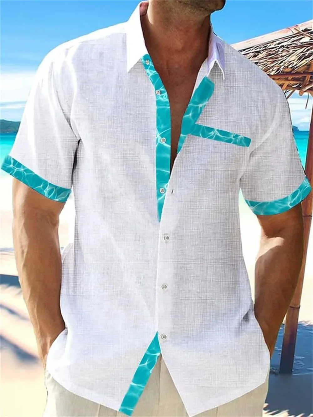 

2024 Summer Latest Men's High Quality Street Short Sleeve Linen Single breasted Shirt Hawaiian Beach Solid Casual Men's Top