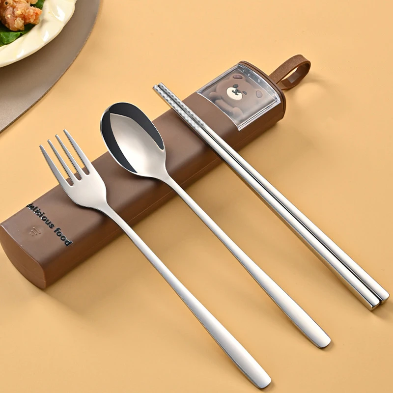 Stainless Steel Tableware Set Simplicity Chopsticks Spoon Fork Suit Cartoon Outdoor Portable Travel Flatware Kawaii Cute Cutlery