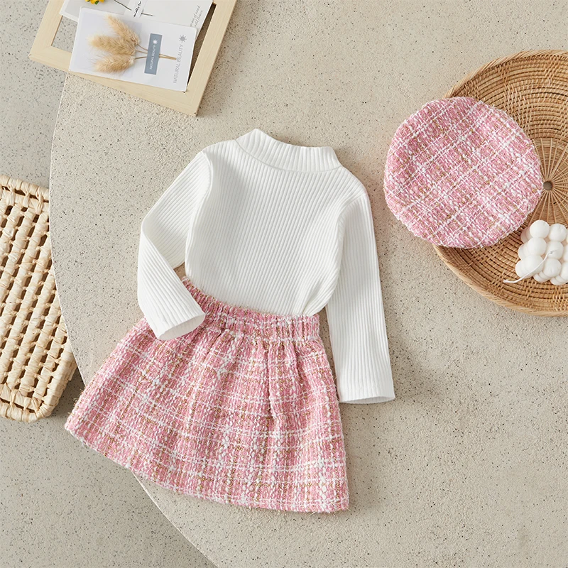 Suefunskry Toddler Girl Fall 3Pcs Outfit Solid Color Ribbed Long Sleeve Pullover Tops Plaid Pattern Skirt Beret Princess Set