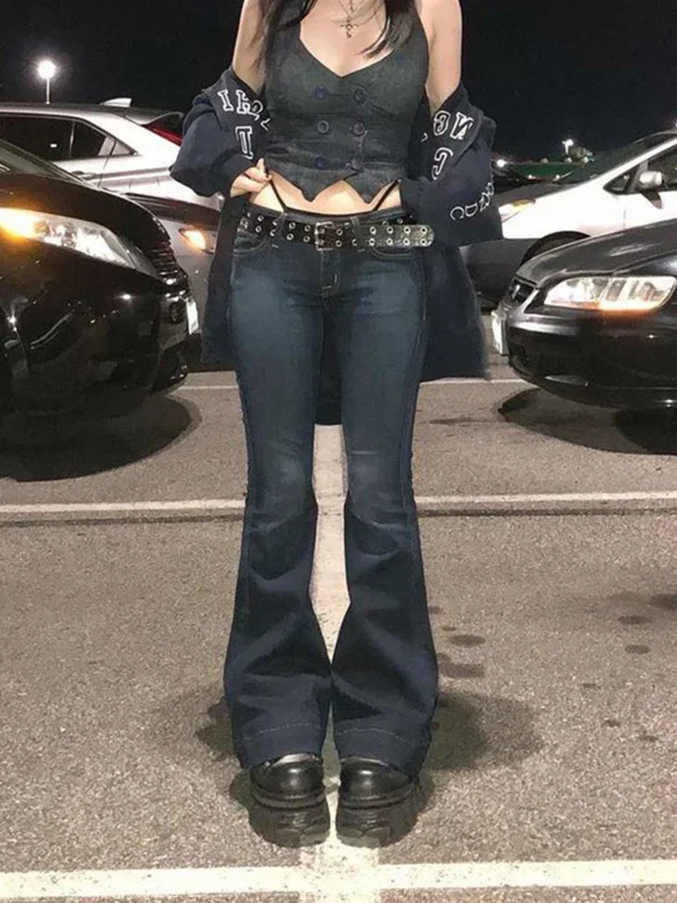Kalevest Y2K High Street Jeans a vita bassa Pantaloni da donna blu Tasche bootcut Jeans Streetwear Jeans a vita bassa Pantaloni a gamba larga