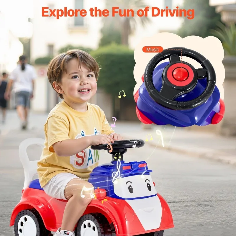 幼児用乗用玩具、プッシュカー、音楽収納、耐荷重55ポンド、足踏み式歩行器、安全で丈夫な子供用おもちゃの車、赤、男の子と女の子向け