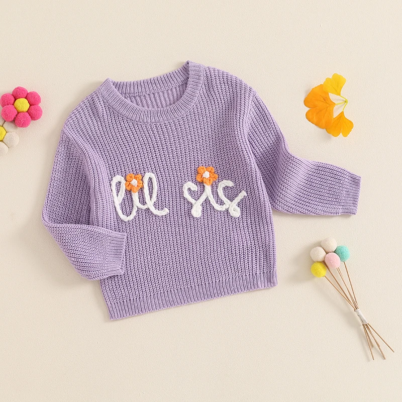 

Suefunskry Sisters Matching Knitted Sweater Long Sleeve Floral Letter Embroidery Pullover Knitwear Tops for Autumn Winter