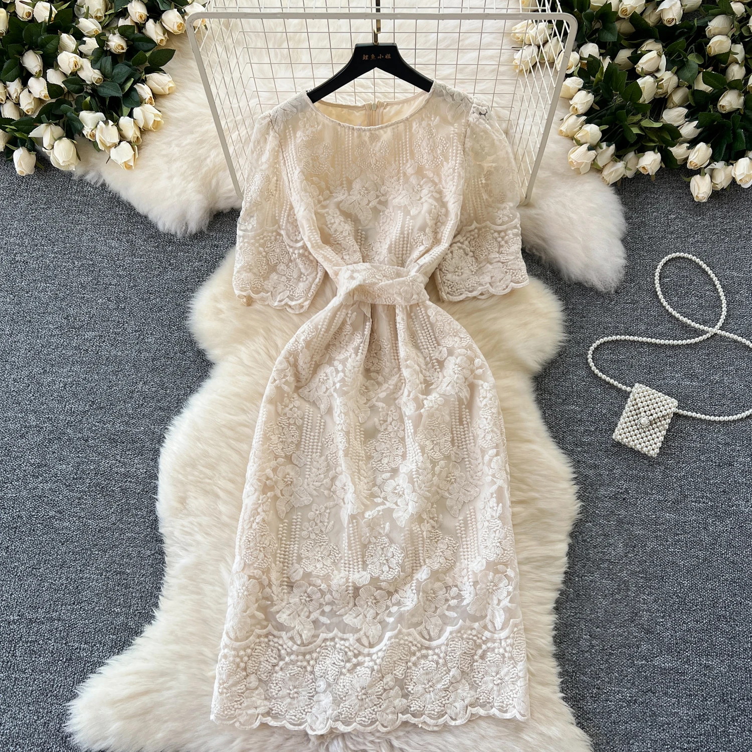 Summer Midi White Lace Dress for Women Chic and Elegant Luxury Ruched Floral Lace Traf Female Fairy Sweet Vestidos New In 2024