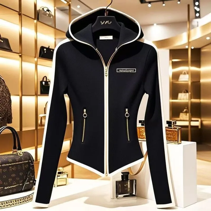 

Korean Fashion Spring Hooded Zipper Drawstring Cardigan Jackets for Women American Long Sleeve Slim Casual White Black Crop Tops