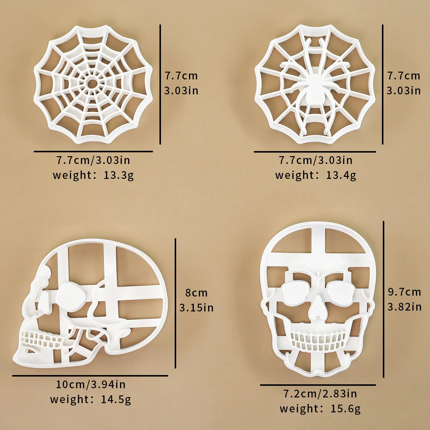 4 Pcs Halloween Themed Cookie Cutter Set 3D Skull Spider Web Shaped Baking Tools for Day of the Dead Party Decorations