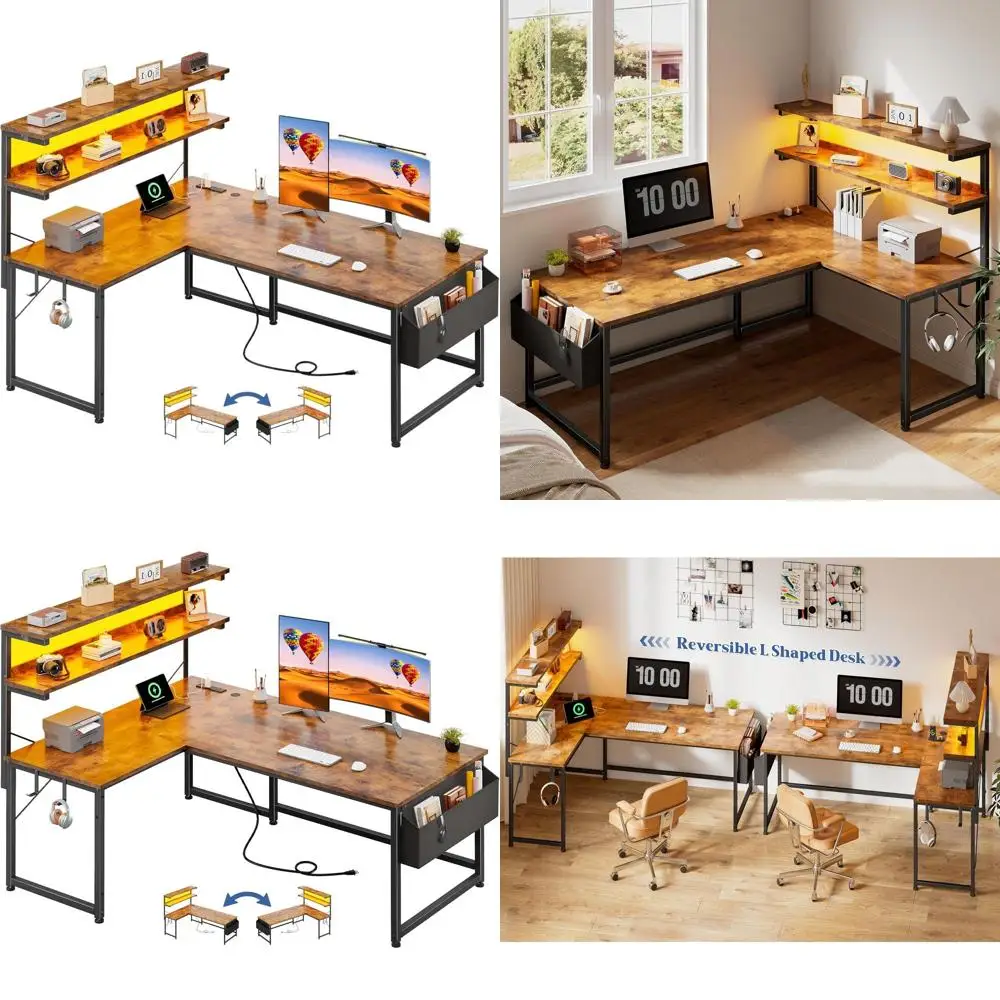 

Rustic Brown 43.3 L-Shaped Desk with LED Light, Power Outlet, Storage, and Hook for Home Office
