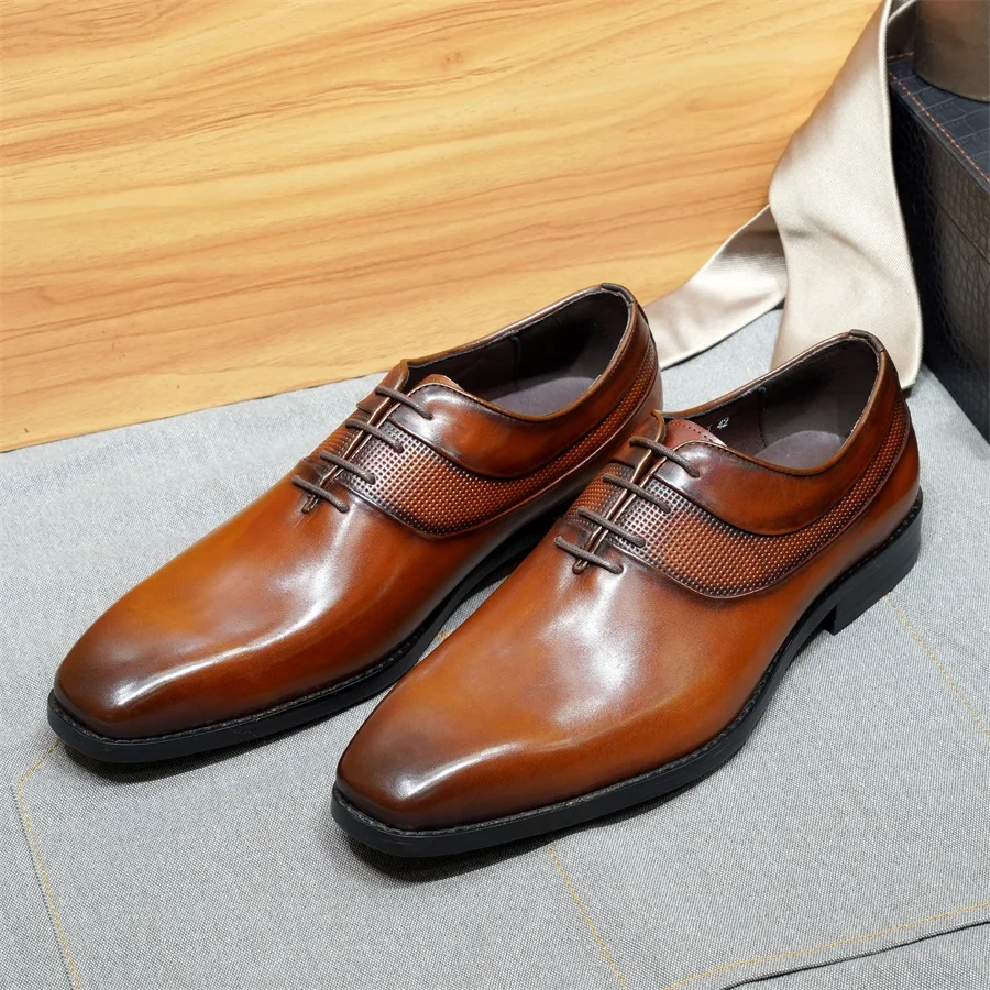 Classic Men's Dress Leather Shoes Handmade Cowhide Flat Toe Designer Lace Up Oxford Shoes Office Wedding Men Suit Formal Shoes