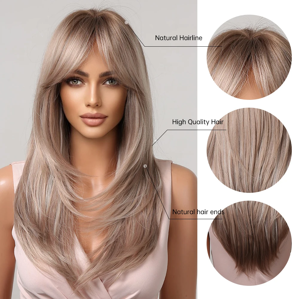 GEMMA Ombre Brown Blonde Long Straight Synthetic Wigs with Bangs Grey Highlight Cosplay Wig for Women Natural Fake Hair