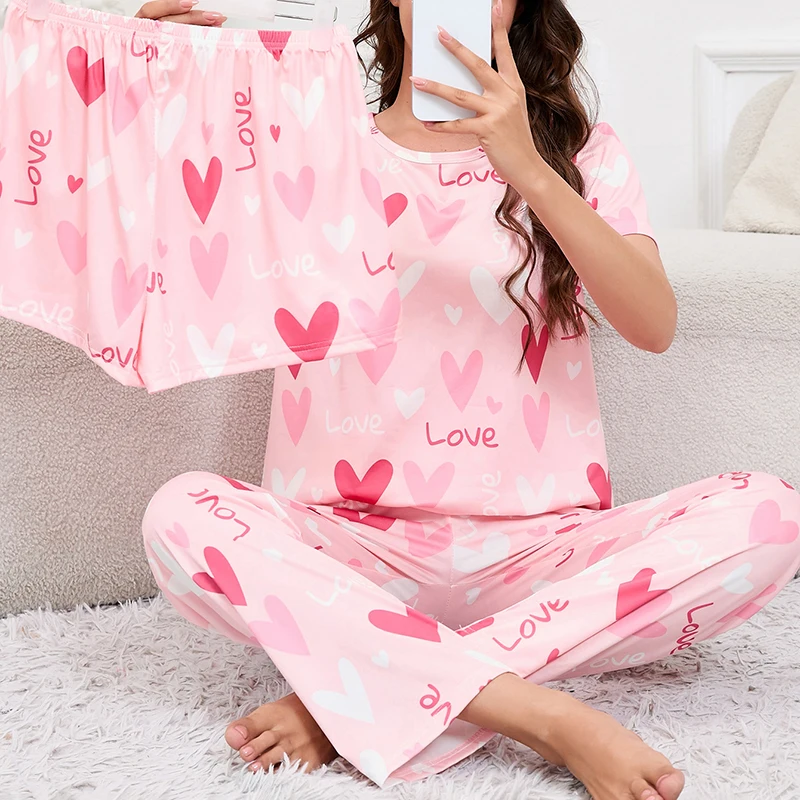 3-Piece Heart Print Pajama Women Sleepwear Home Clothes Short Sleeve Top with Shorts & Long Pants Pajamas Loungewear Short Suit