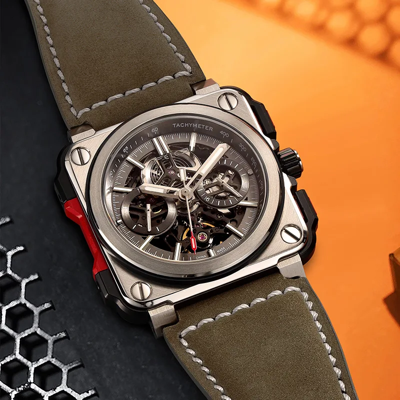 FEICE FM507 ساعة هيكل عظمي أوتوماتيكية للرجال ميكانيكا ساعة يد رجالي مربعة رياضية مضيئة ساعات 10ATM مقاومة للماء