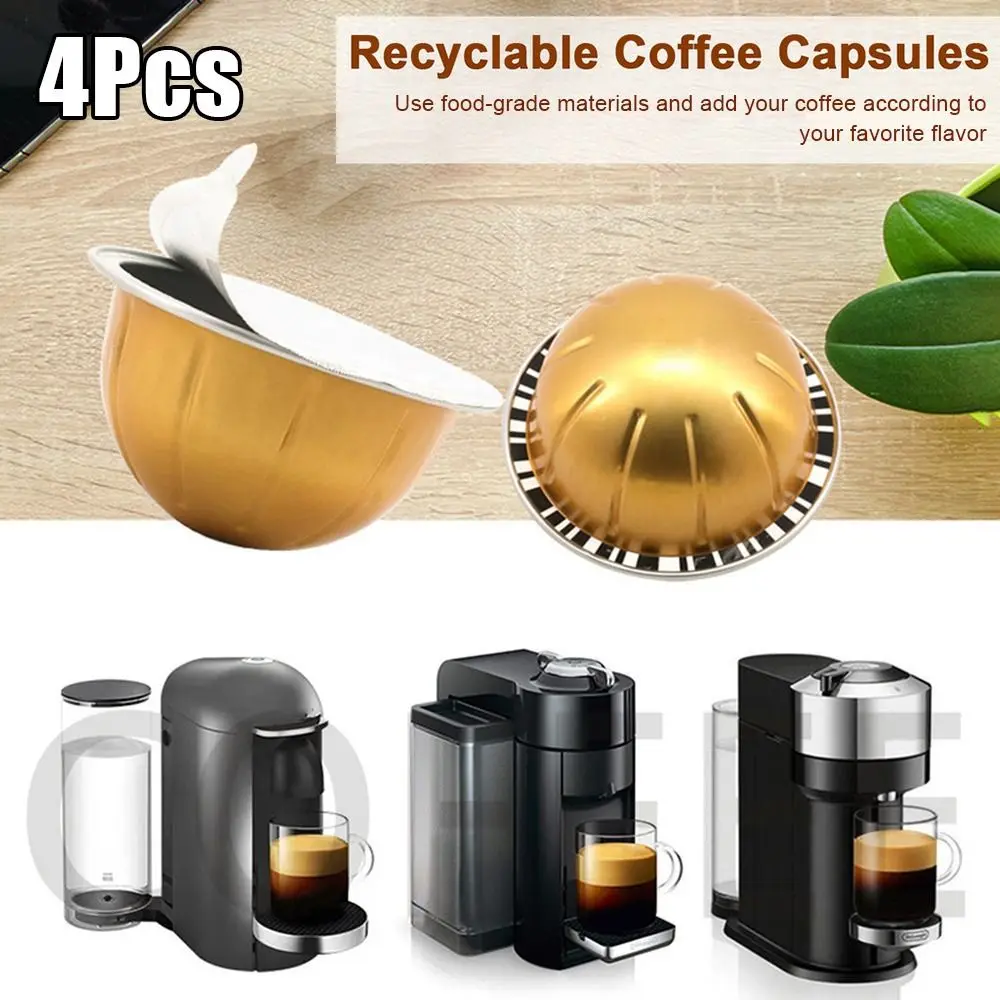 4Pcs Portable Coffee Capsule Shell Reusable Refillable Sealed Tin Foil Cup For Vertuo Next 40/80/150/230ml Coffee Capsule Pod