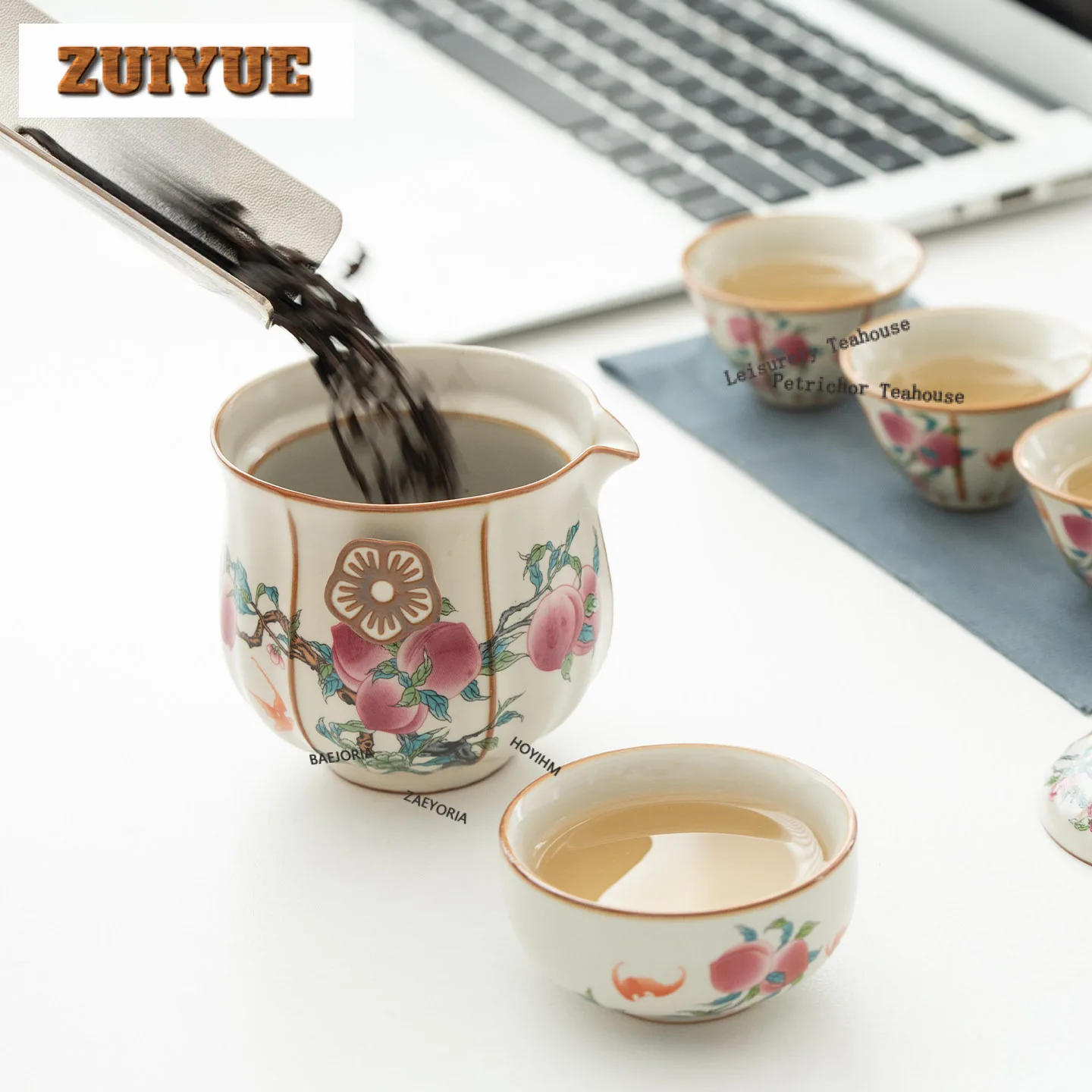 Ru Kiln Hand Painted Peach Travel Tea Set Kit Handmade 1 Pot 4 Cups Tea Maker Organizer Portable Camping Stock Bags Collection