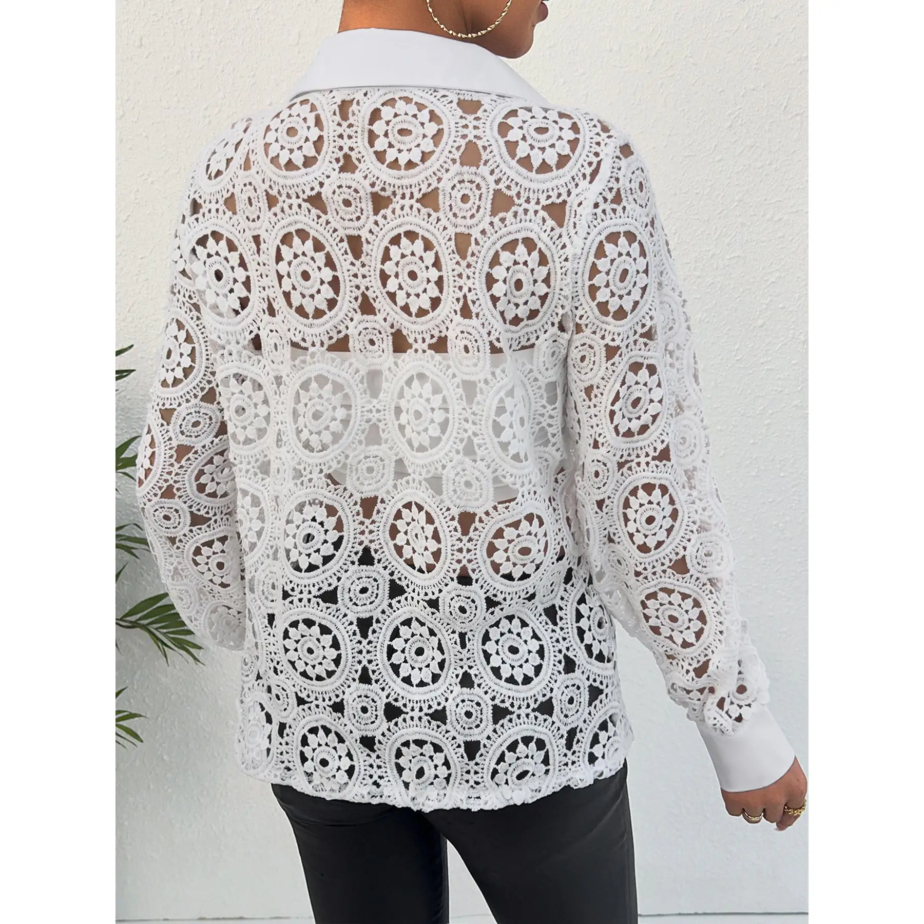 Csa E de Manga Larga para Mujer, Cuello de Encaje, Tela de Poliéster, Estilo Clásico, Moderno y a la Moda, Color Pu...