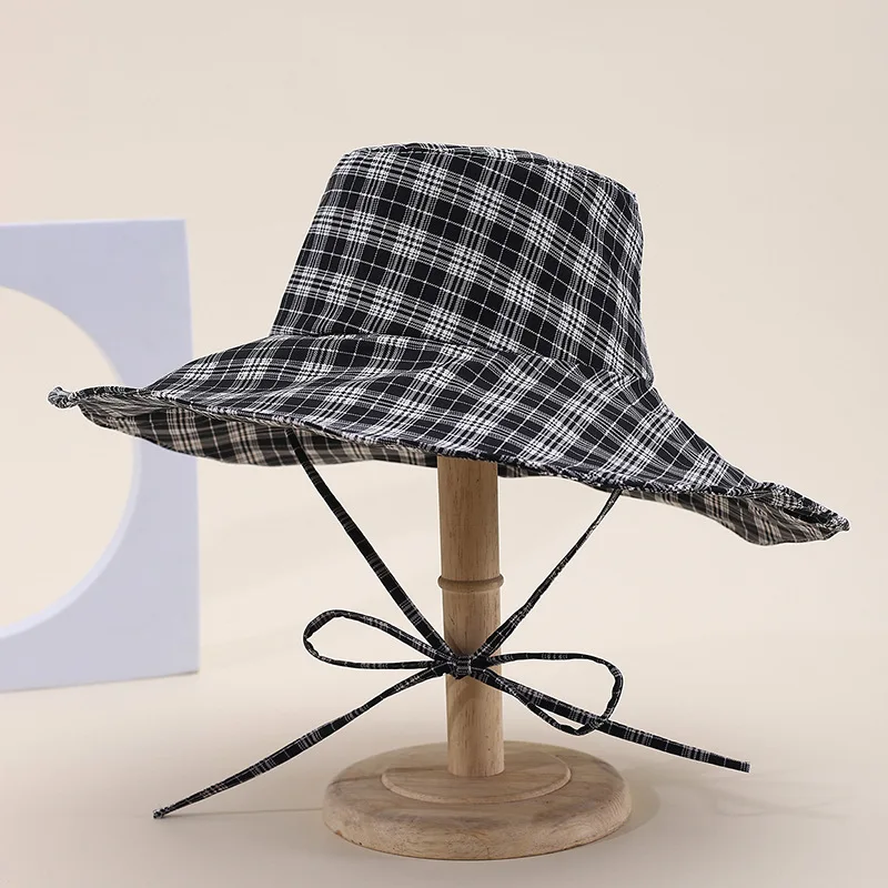 

Women's Summer Hat Plaid Printing Foldable Fisherman Cap Big Large Brim Sunscreen Sun Hat Outdoor Travel Beach Sunhat Sunshade