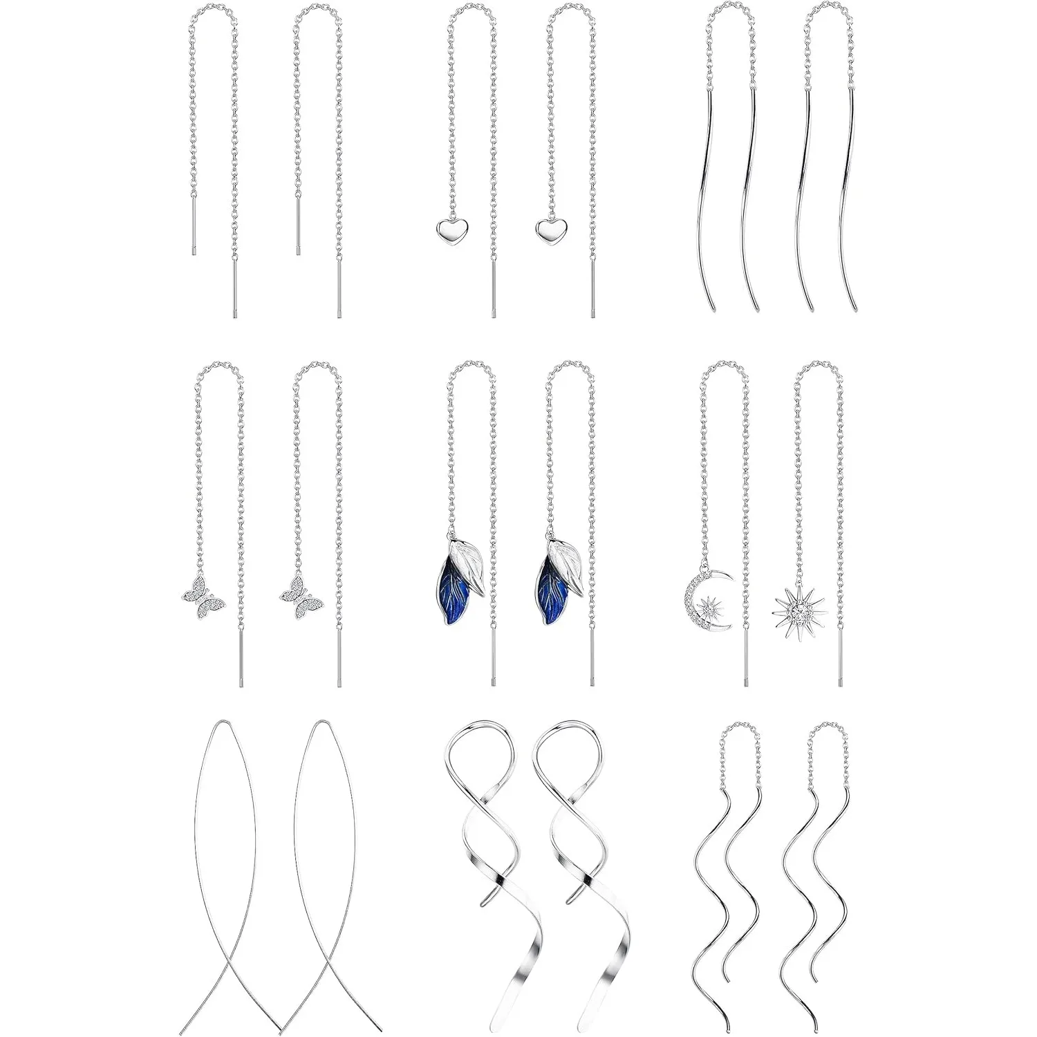 Drperfect 9 Pairs Threader Earrings for Women Stainless Steel Chain Tassel Earrings Twist  Heart Moon Leaf Drop Earrings Set
