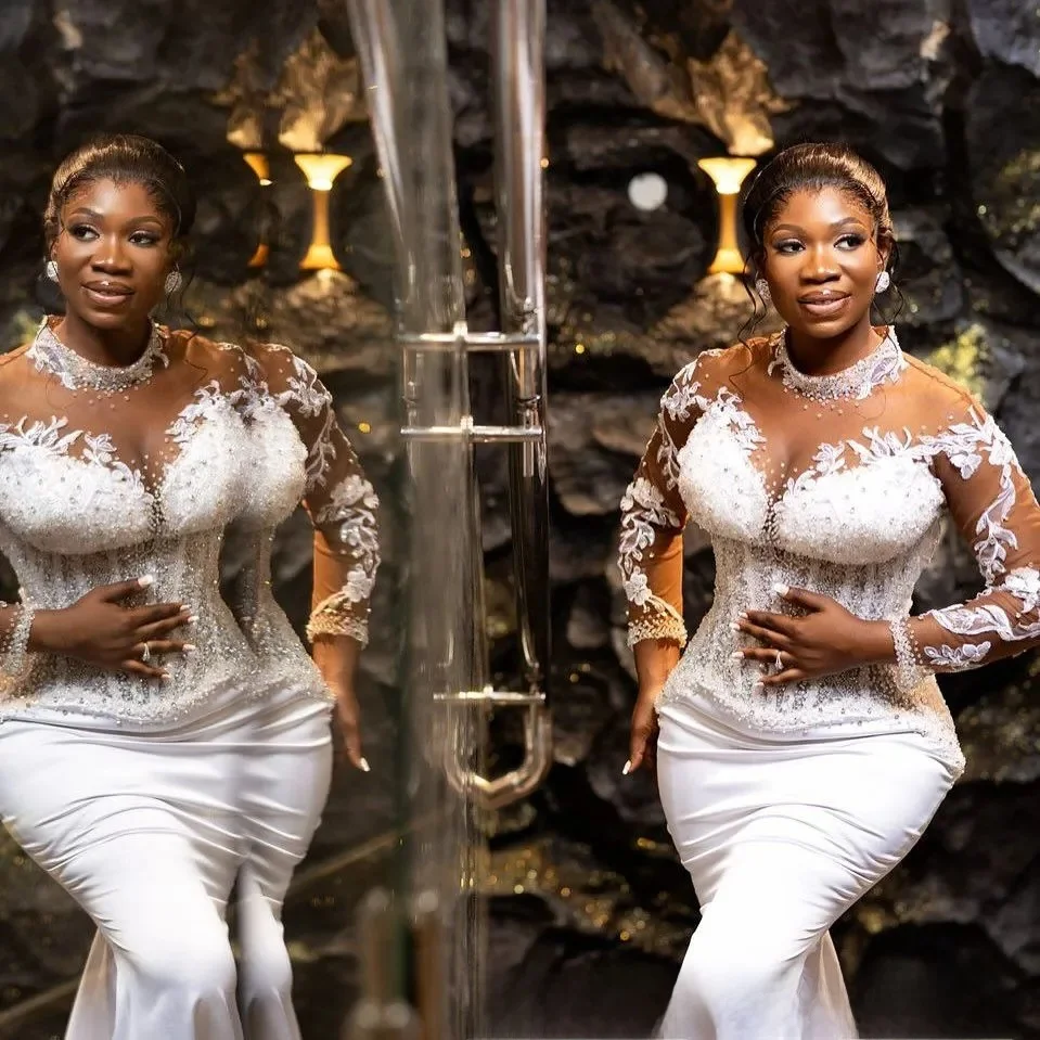 Customized African Wedding Dress Bridal Gowns For Bride High Long Sleeves Appliqued Lace Beaded Pearls Illusion Wedding Gown