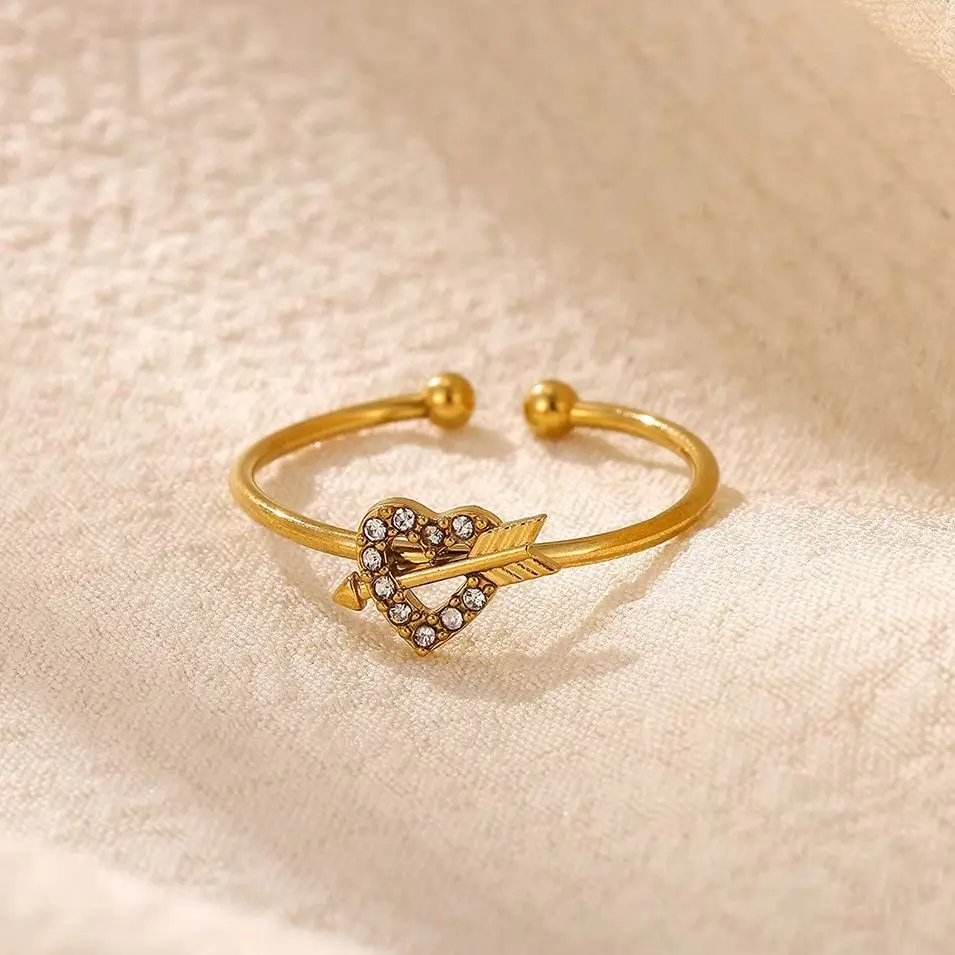 Delicate Cubic Zirconia Heart Open Ring for Women Stainless Steel Arrow of Cupid Finger Sweet Wedding Jewelry Accessories