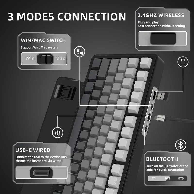 ATTACK SHARK X85  mechanical keyboard,Bluetooth-Compatible 2.4GHz,tri-mode,RGB Effects,metal knobs,full-key hot-swap, or PC Lapt