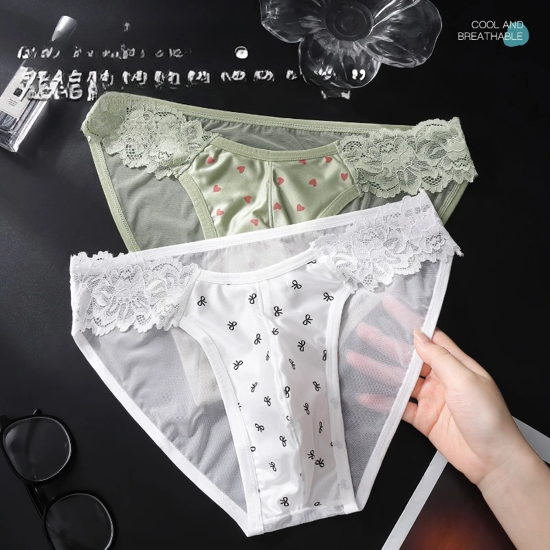 Men Sexy Briefs Lace Splice Satin Pouch Underwear Ice Silk Mesh Panties High Fork Sissy Lingerie See Through Erotic Underpants