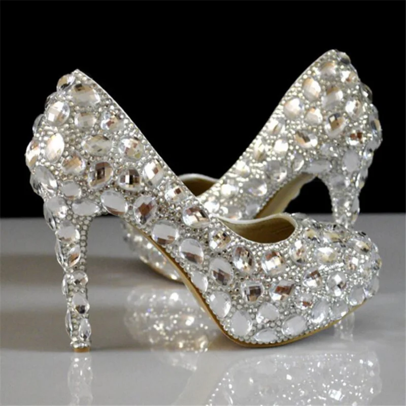 Sapatos de salto alto de strass para mulheres, cristal super flash, noiva branca, show de casamento, diamante, bombas