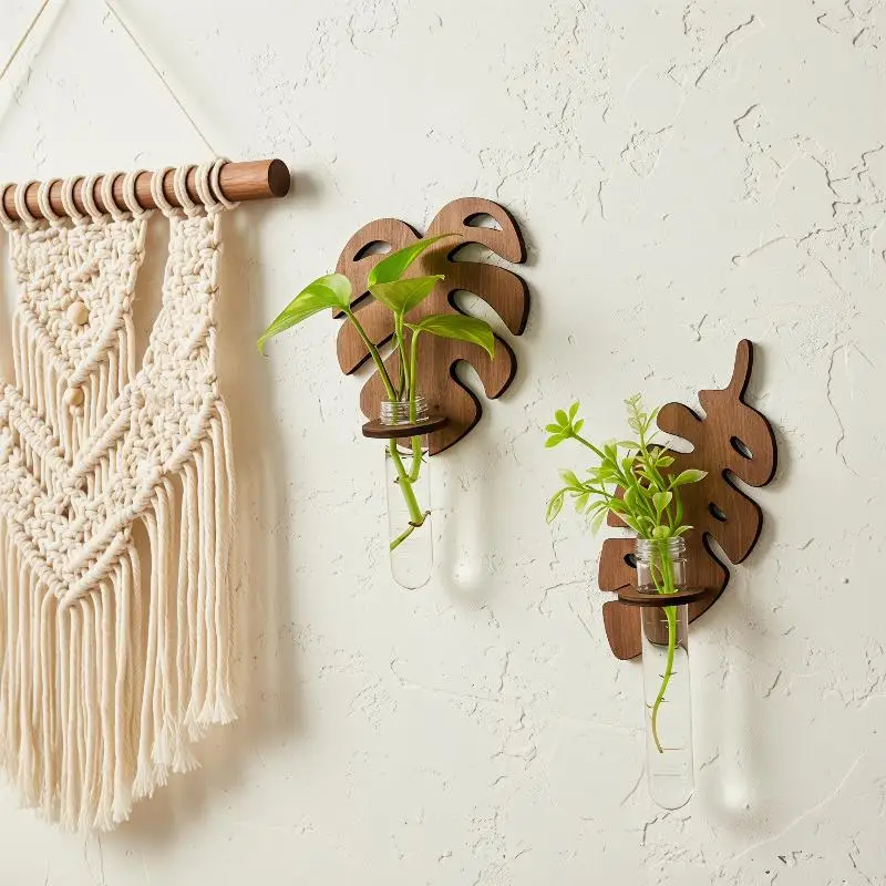 Eco-Friendly Wooden Monstera Wall Planter with Test Tube for Hydroponic Display in Home Settings