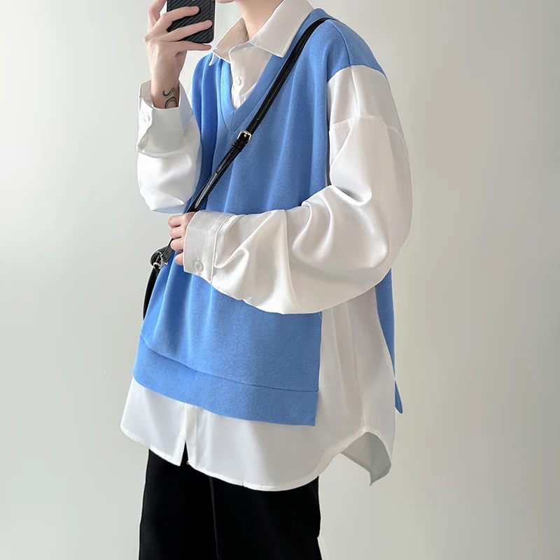 

Корейский свитер-двойка (имитация двухслойного) для мужчин и женщин, дизайн в стиле пэчворк, молодежный, с эффектом омоложения, в стиле Sweet Salt...