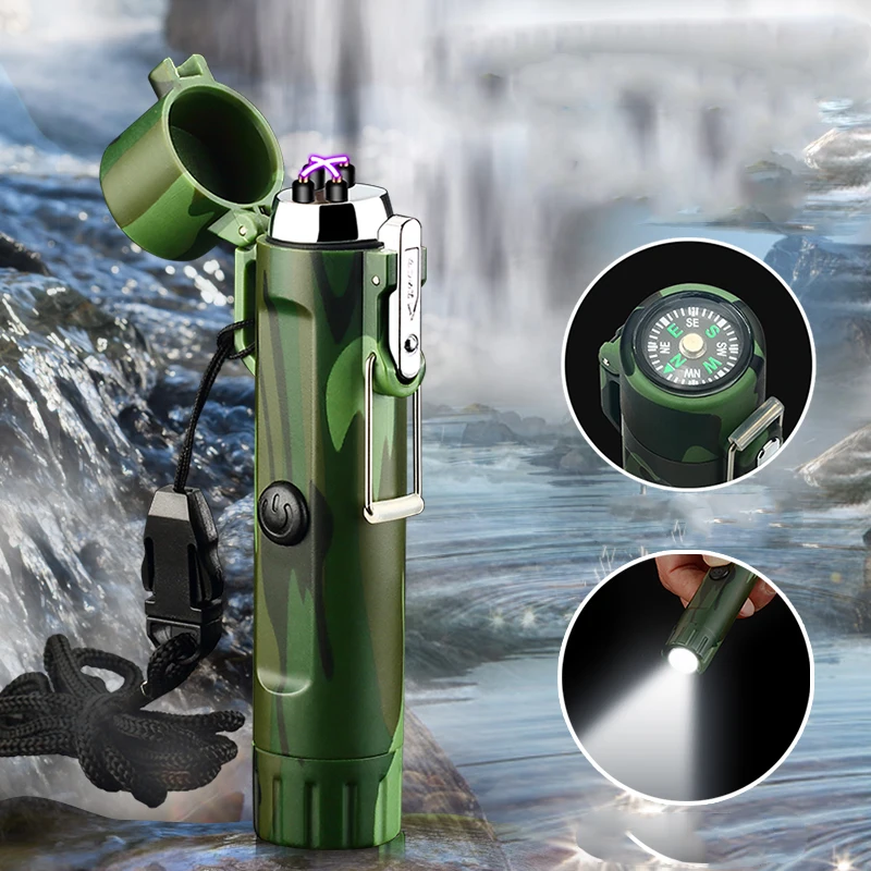 New Usb Lighter Camping Outdoor Survival Plasma Lighter With Flashlight Compass Survival Lighters Waterproof And Windproof