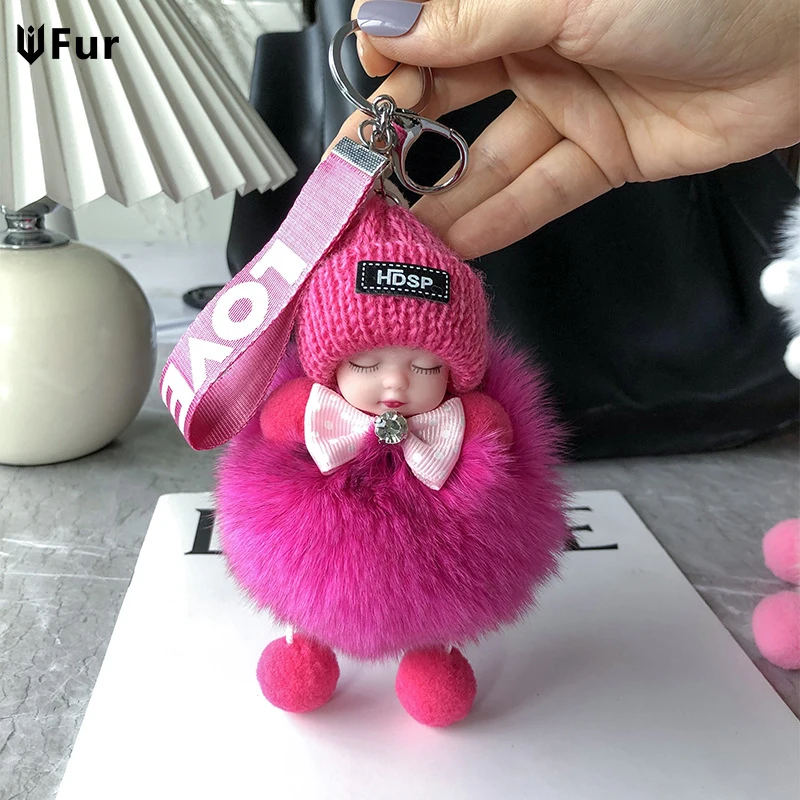 

New Cute Sleeping Baby Pompom Keychain Real Fox Fur Pendant For Women Bag Car Key Ring Girl Gift Charm Plush Doll Key Chain