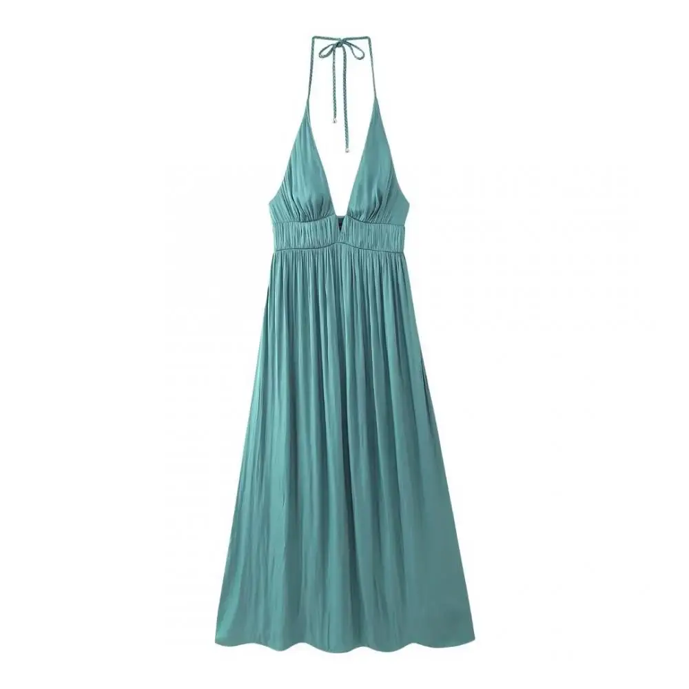 

Sexy Deep V-Neck Pleated Halter Dresses Temperament Solid Colour Sleeveless Vestios Woman Summer Fashion Commuting Long Dress