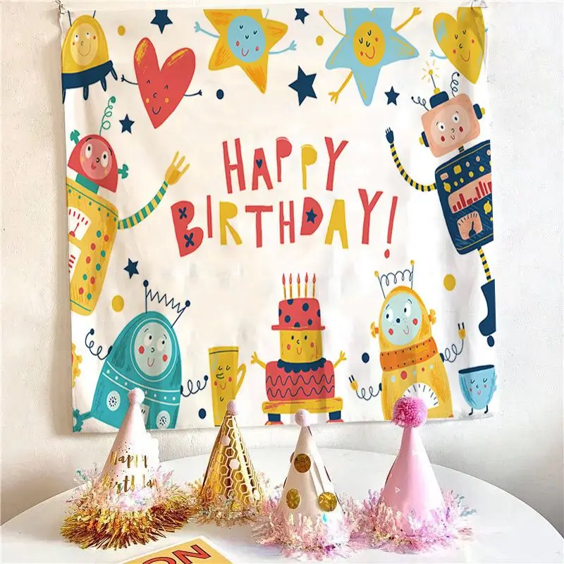 VIKAMA Cartoon Robot Happy Birthday Hanging Cloth Birthday Party Background Tapestry Wall Decoration Room Decoration