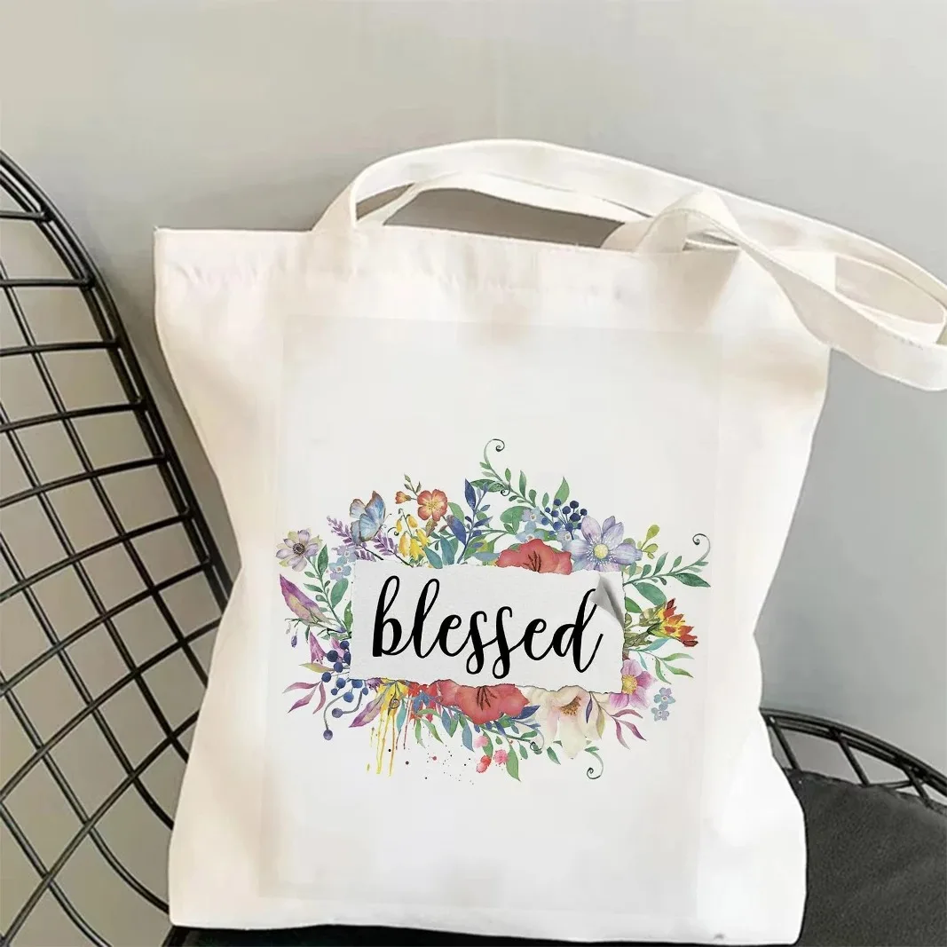 

Религиозные вдохновляющие холщовые сумки-тоут с цветочным принтом, благословенная вера, текст, бабочка с принтом, повседневная сумка для покупок, подарочная сумка
