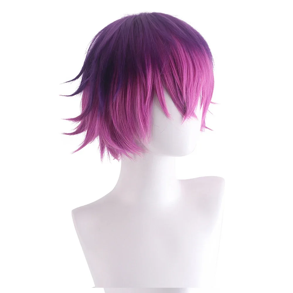 RANYU Short Men Women Straight Wigs Ombre Gradient Purple Black Brown Flaxen Anime Cosplay Hair Wig For Daily Party