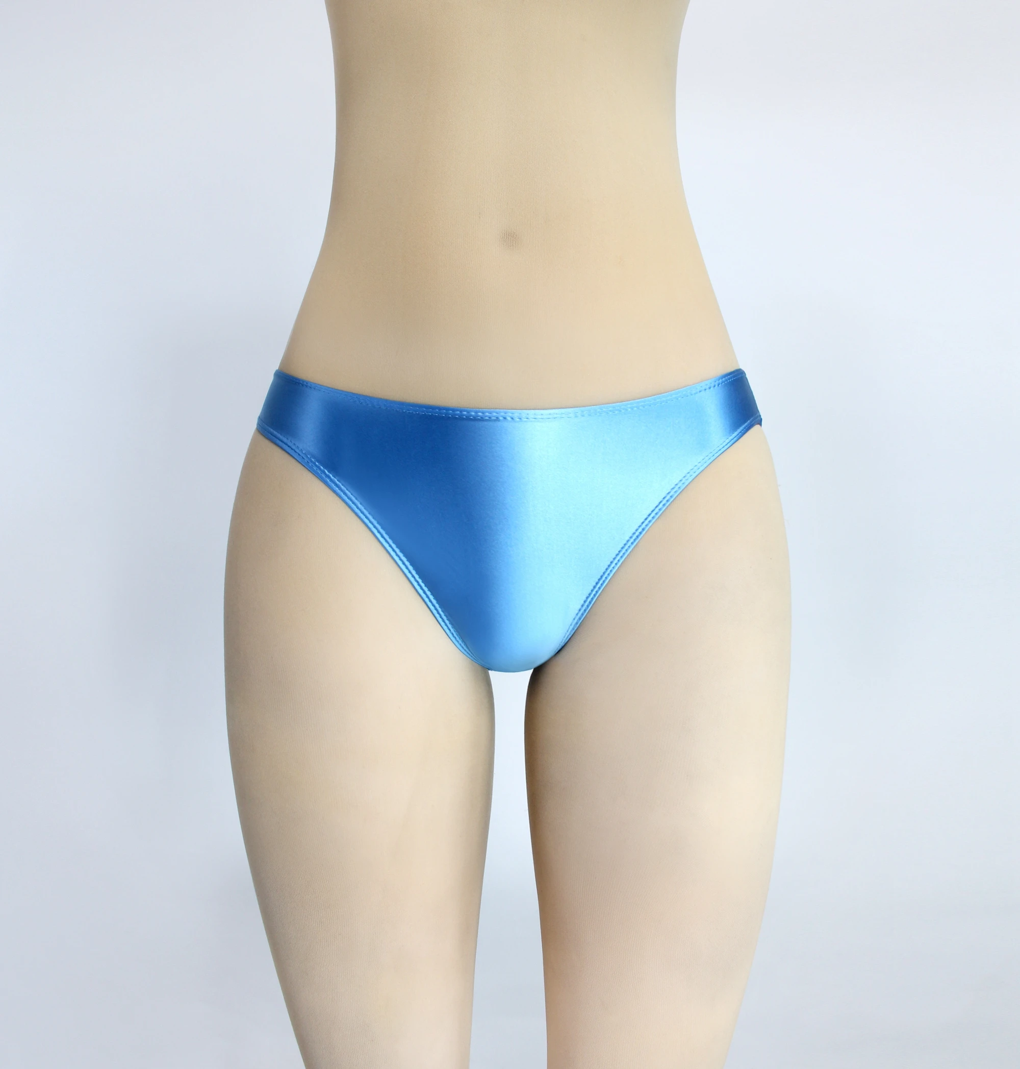 DROZENO Silky solid color Sexy Shiny Thong Bikini Bottoms with Buttocks Silky Solid Bikini low Waist Tights Underpants high Fork