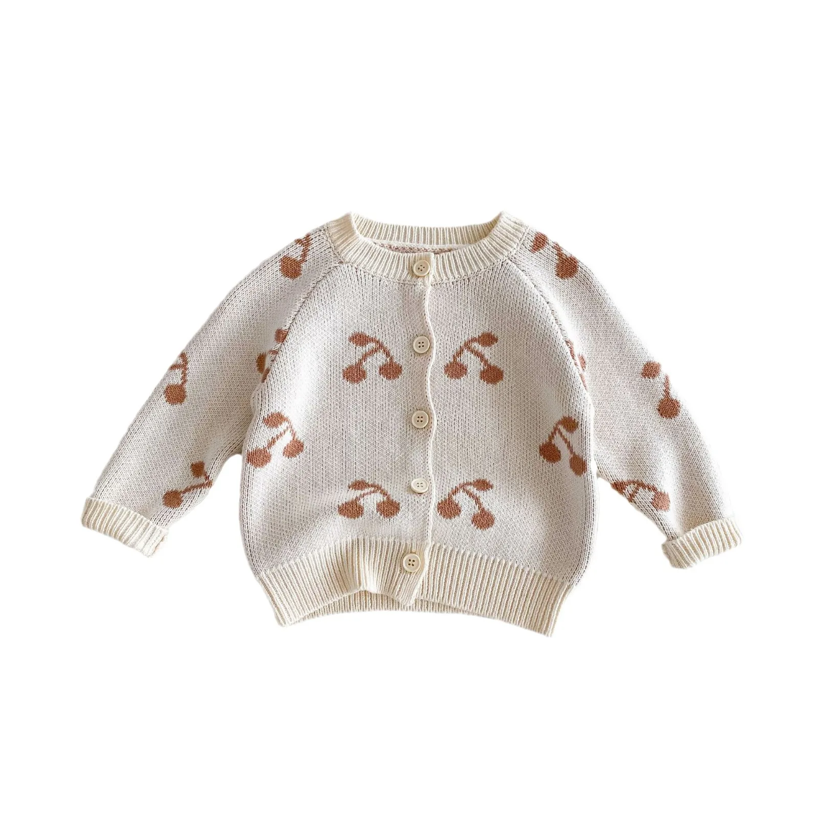 2024 Autumn New Children Knitted Cardigan Baby Girls Cherry Print Sweater Coat Toddler Casual Knitwear Kids Versatile Jacket