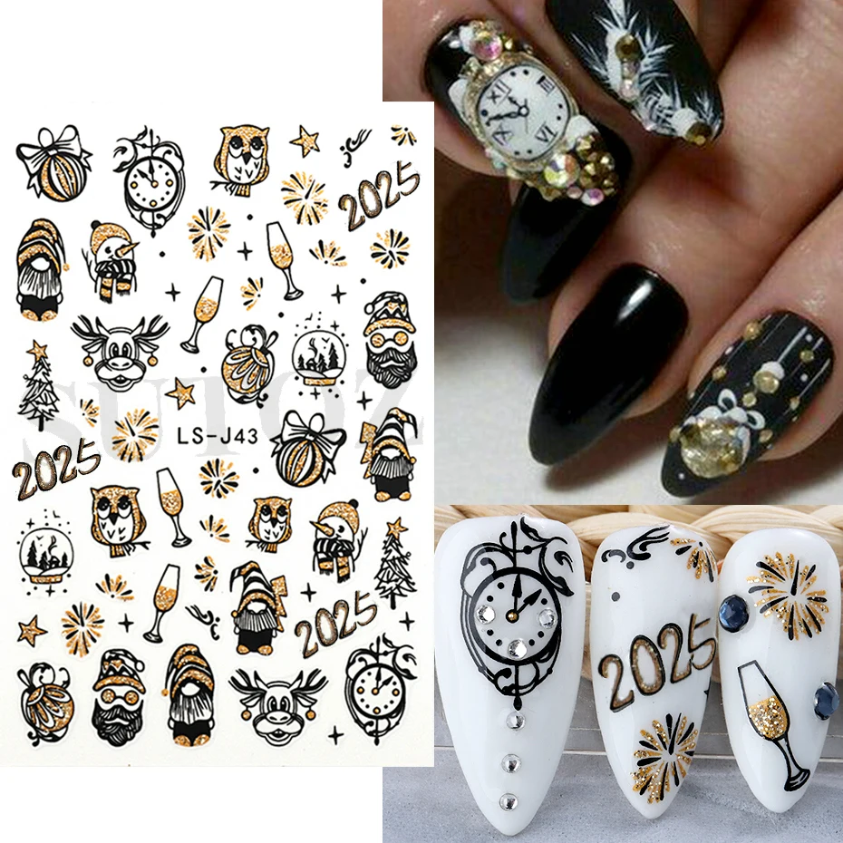 New Year 2023 Clock Nails Sticker Gold Shiny Glitter Luxurious Watch Countdown Festive Winter Festival Manicure Decal Tip LS-J44