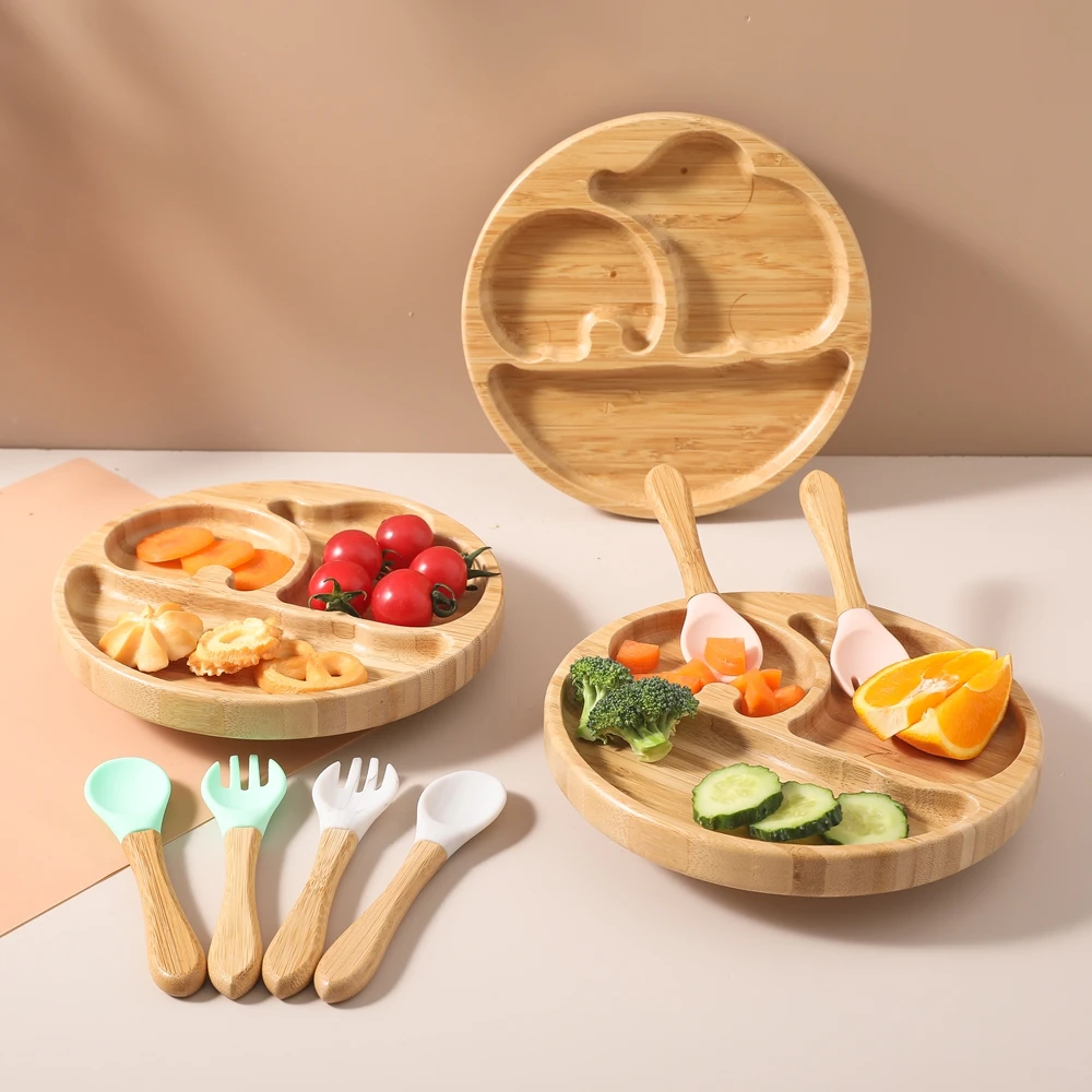 Juego de vajilla de alimentación de madera para bebé, vajilla de alimentación para niño, tenedor de silicona, cuchara, vajilla para niño sin BPA, plato, divisor de arco, comida, 3 uds.