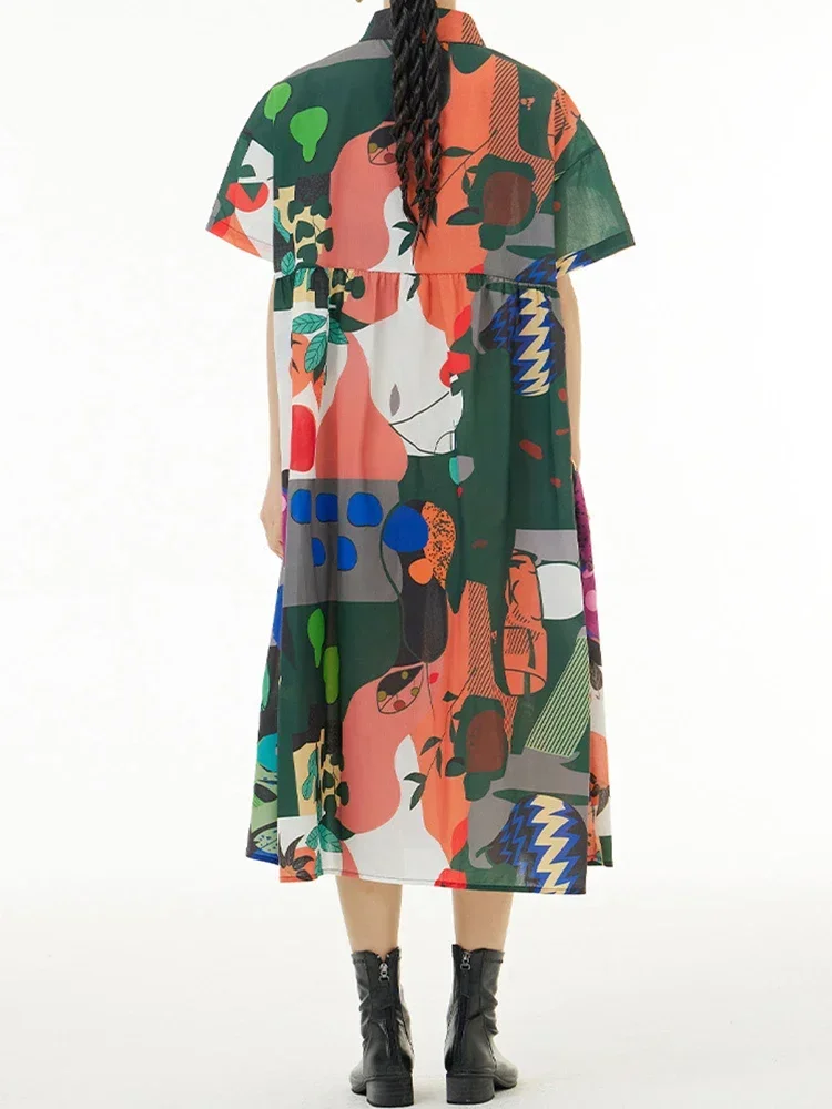 XITAO Patchwork Print Dress Women Personality Fashion Loose Turn-down Colla Short Sleeve Dress Korea 2023 Summer New SMH2005