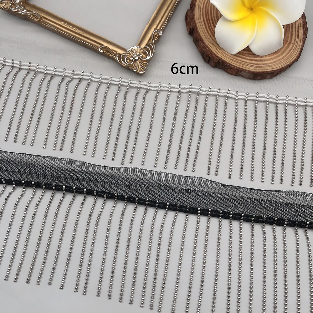 1 Yard Metal Chain Beaded Lace Handmade Tassel Trim DIY Jeans Bags Shoes Hats Dolls Decoration 6CM Wide