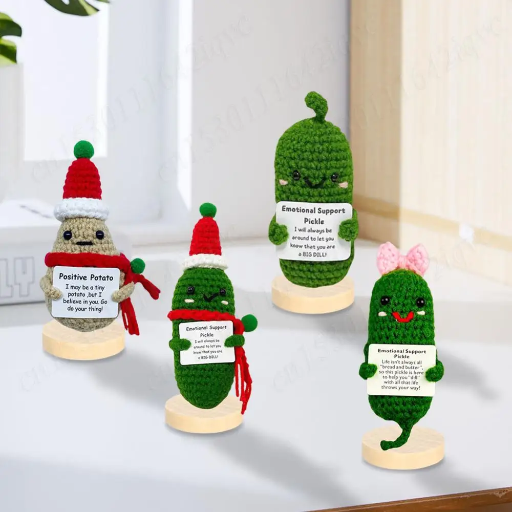 Cute Crochet Christmas Pickle Knitting Doll Positive Potato Pickle Handmade Emotional Support Pickled Cucumber Gift Crochet Doll