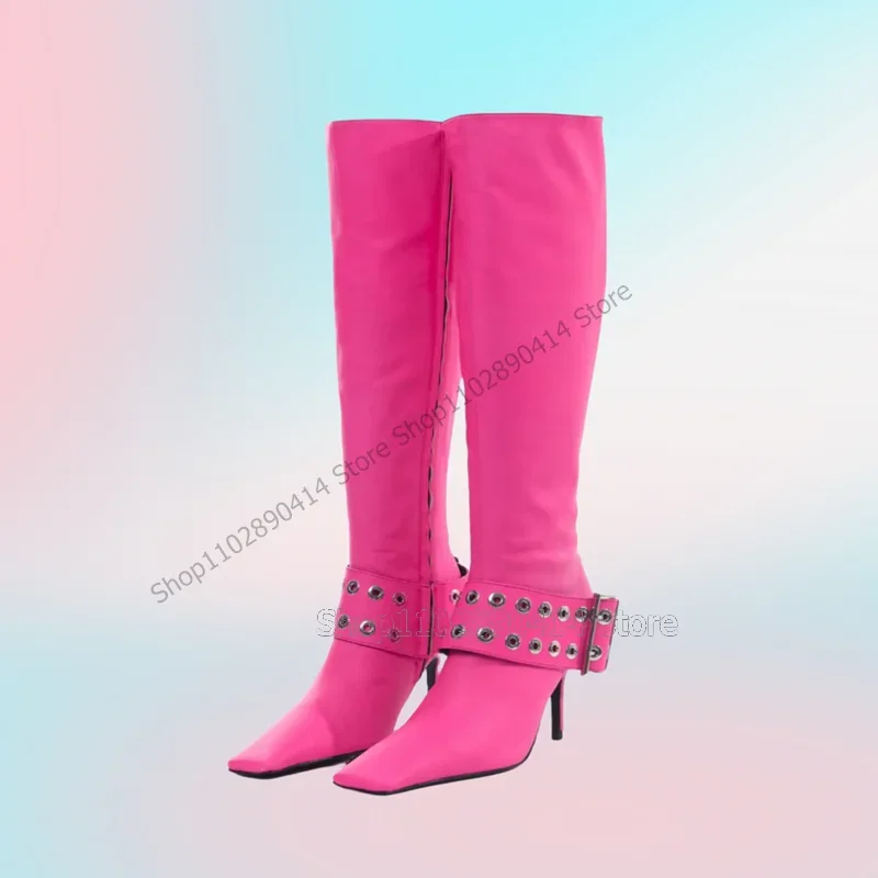 

Rose Red Belt Fastener Decor Knee High Boots Side Zipper Women Shoes Thin High Heels New Fashion Party 2023 Zapatos Para Mujere